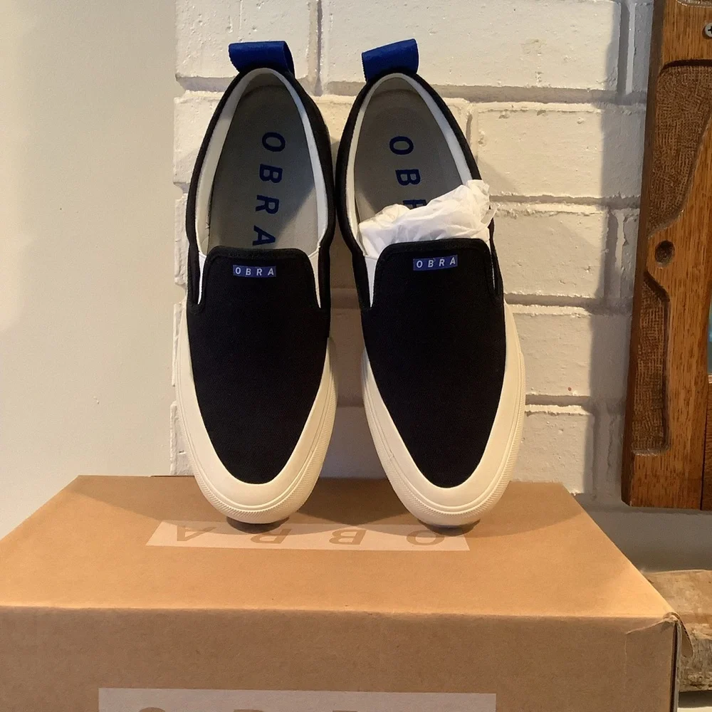 OBRA NWT Black/Off-White Canvas Men’s Slip-On Sneakers Size 8. Retail $120